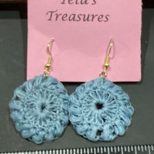 Earrings Lighter Blue Starburst Circle Crocheted Crochet Hand Crafted